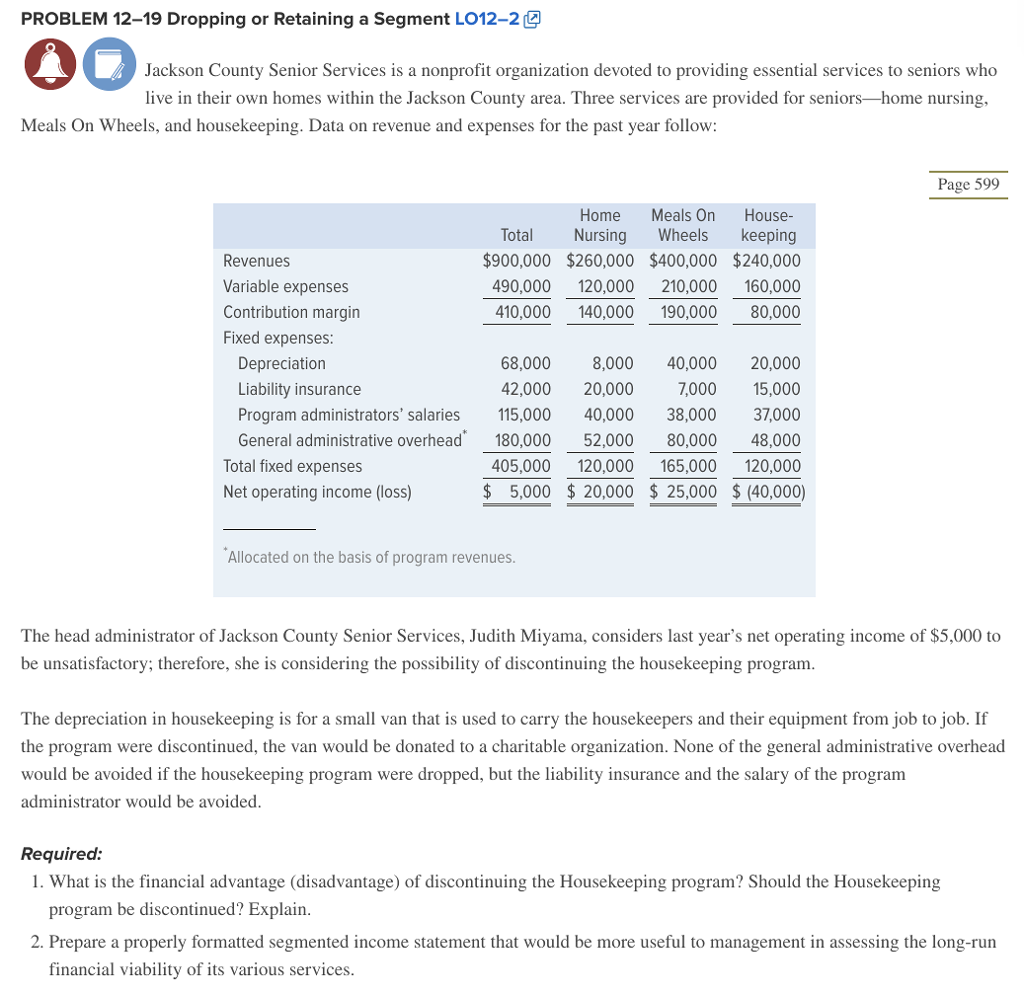  PROBLEM 12-19 Dropping or Retaining a Segment LO12-2 Jackson County Senior