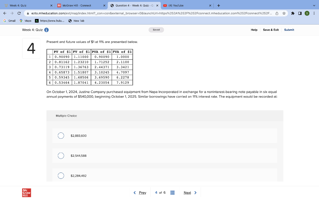  Present and future values of $1 at 11% are presented below.