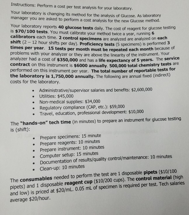 Instructions: Perform a cost per test analysis for your laboratory. Your