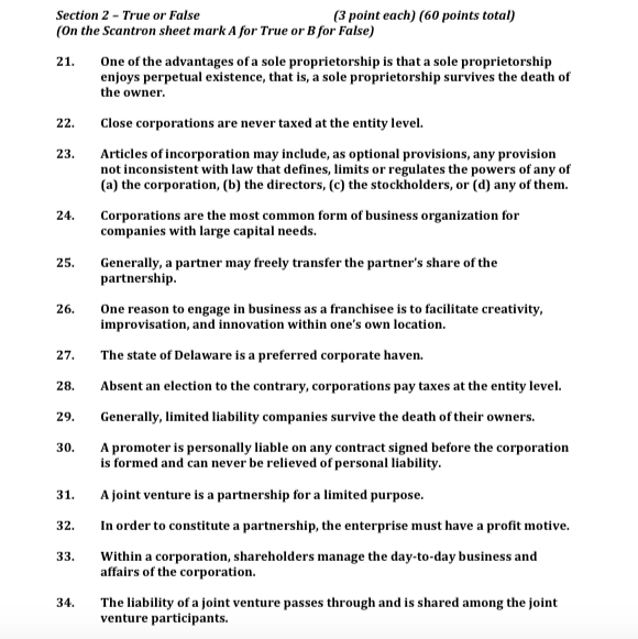 (3 point each) (60 points total) Section 2-True or False (On