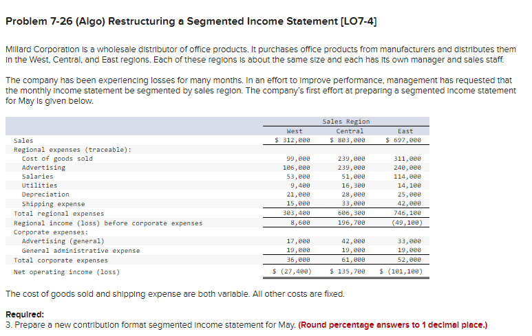  Problem 7-26 (Algo) Restructuring a Segmented Income Statement [LO7-4] Millard Corporation