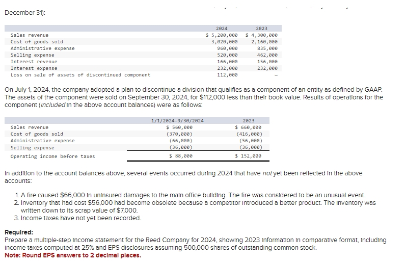  December 31): \table[[REED COMPANY],[Comparative Income Statements],[For the Years Ended December 31],[,,2024,,2023],[Sales
