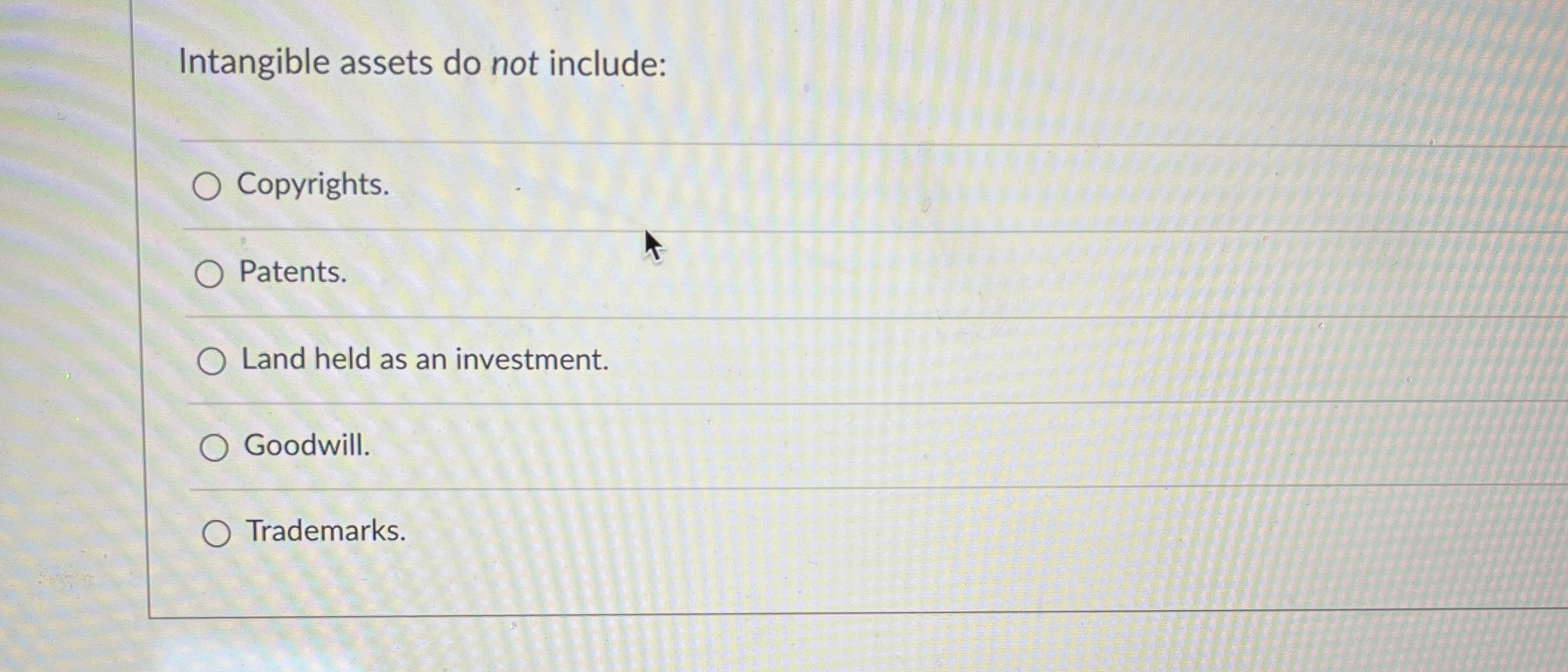  Intangible assets do not include: Copyrights. Patents. Land held as an