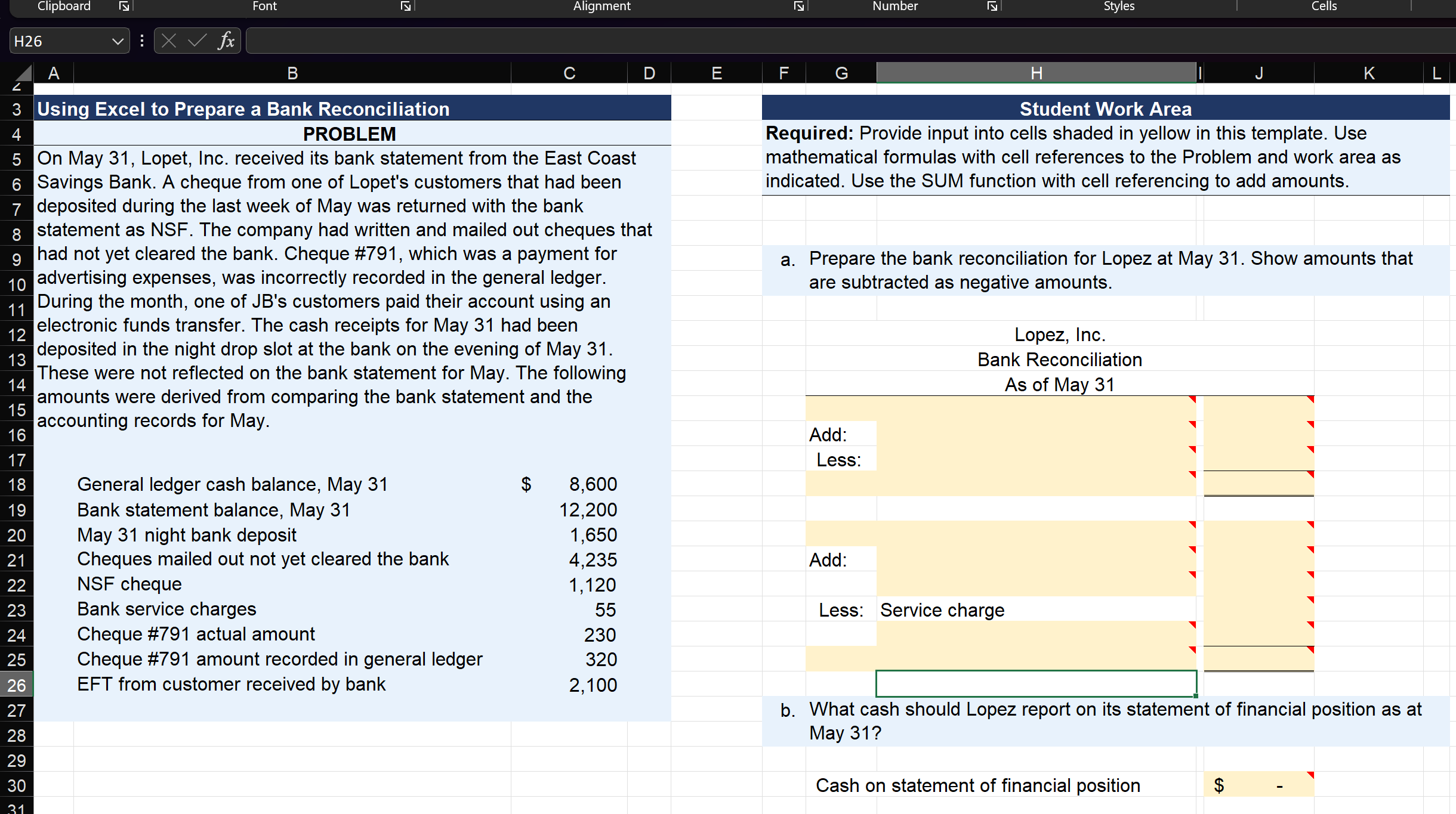 This is an Excel Assignment Using Excel to Prepare a Bank Reconciliation