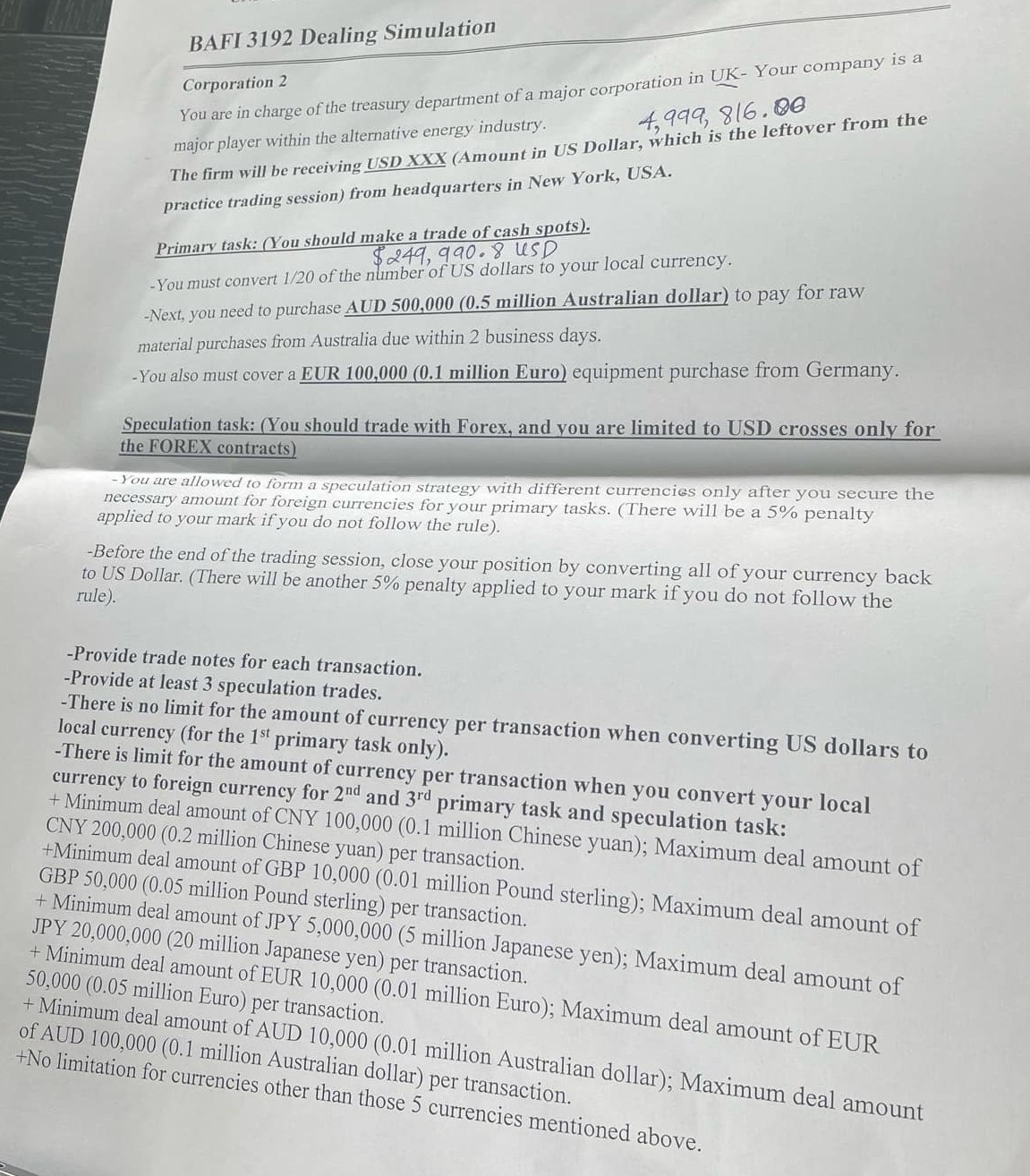  BAFI 3192 Dealing Simulation Corporation 2 You are in charge of