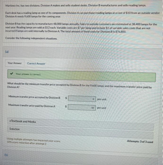 I need the Minimum transfer price acceptwd by Division B in part