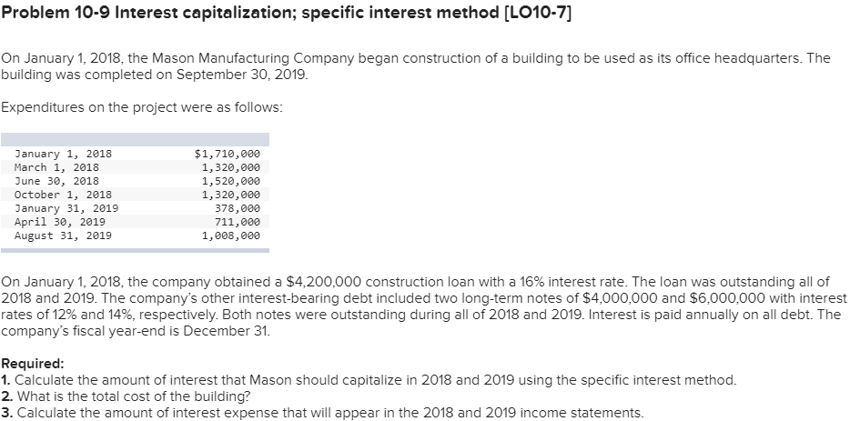  Problem 10-9 Interest capitalization; specific interest method [LO10-7] On January 1,