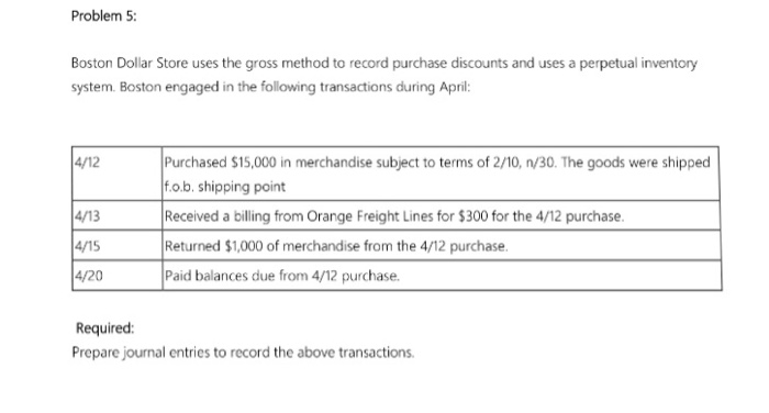 Problem 5: Boston Dollar Store uses the gross method to record
