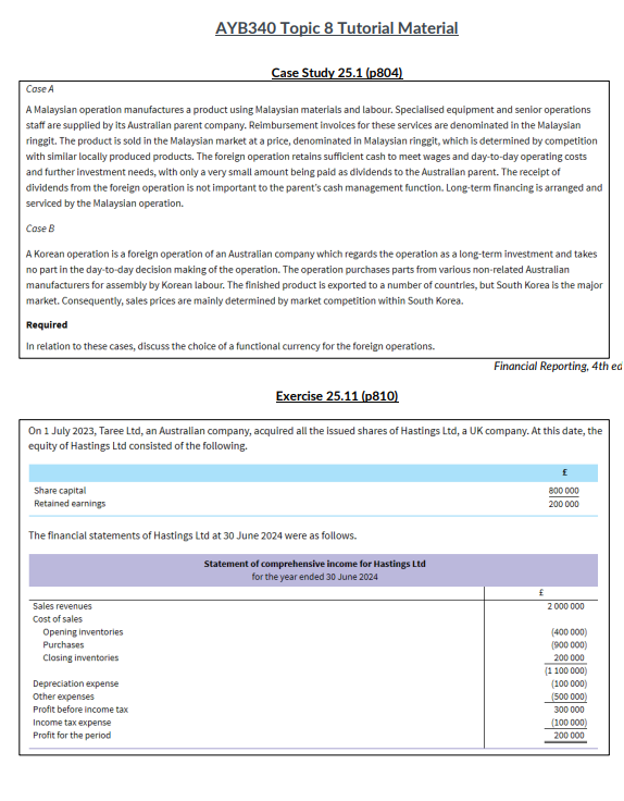  AYB340 Topic 8 Tutorial Material Case Study 25.1(p804) Case A A