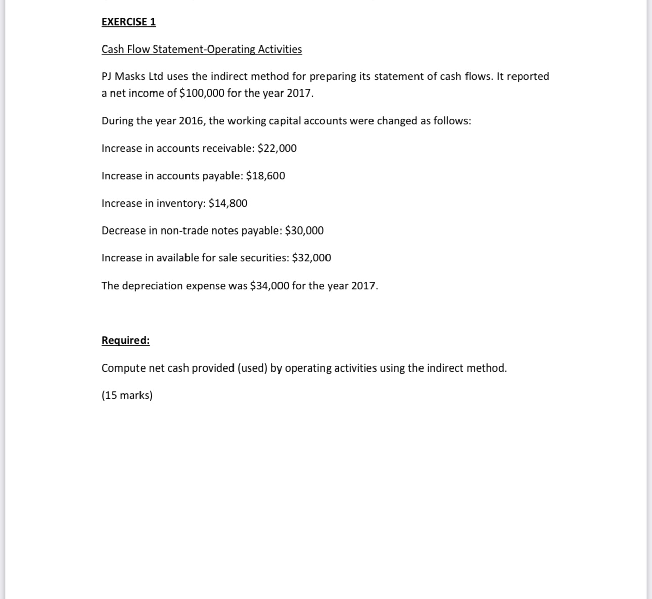  EXERCISE 1 Cash Flow Statement-Operating Activities PJ Masks Ltd uses the