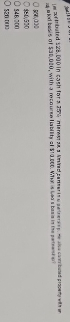  Leo contributed $28,000 in cash for a 25% interest as a