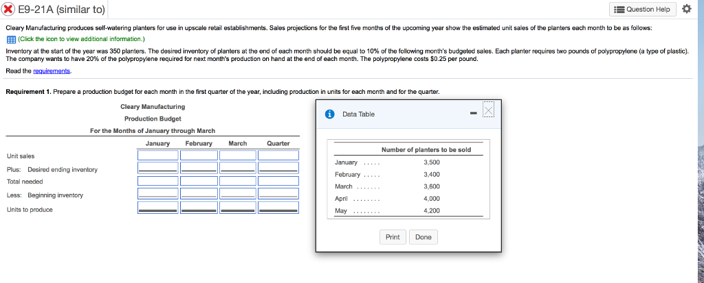  X E9-21A (similar to) E Question Help C Cleary Manufacturing produces