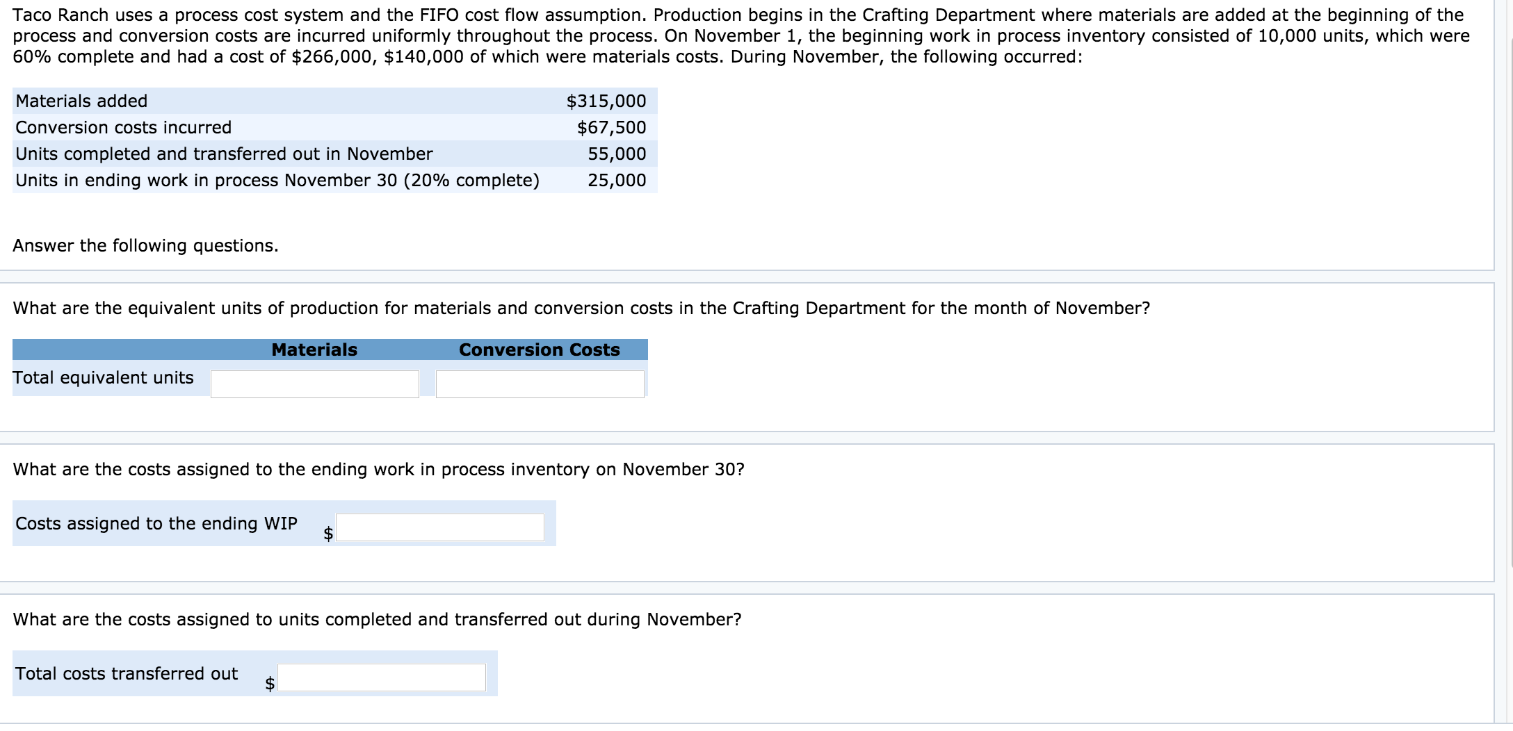 Taco Ranch uses a process cost system and the FIFO cost