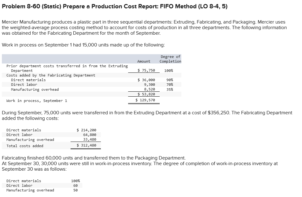 m4q2 Problem 8-60 (Static) Prepare a Production Cost Report: FIFO Method (LO
