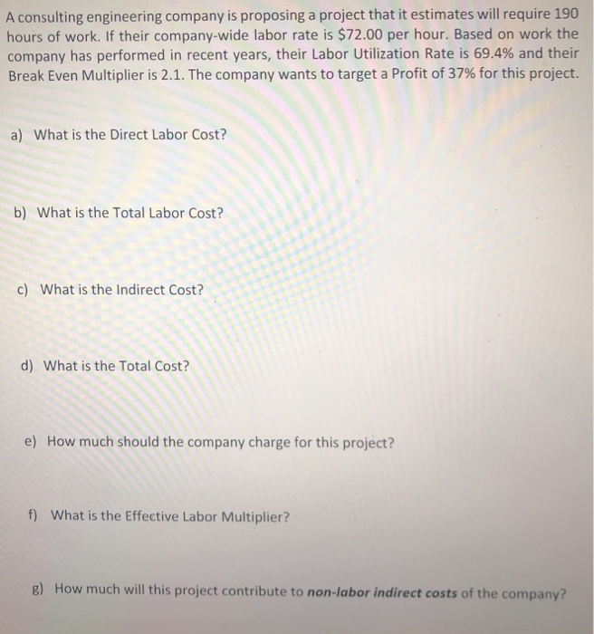  A consulting engineering company is proposing a project that it estimates