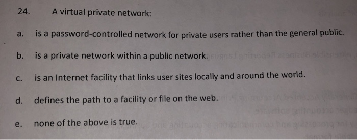  24. A virtual private network: a. is a password-controlled network for