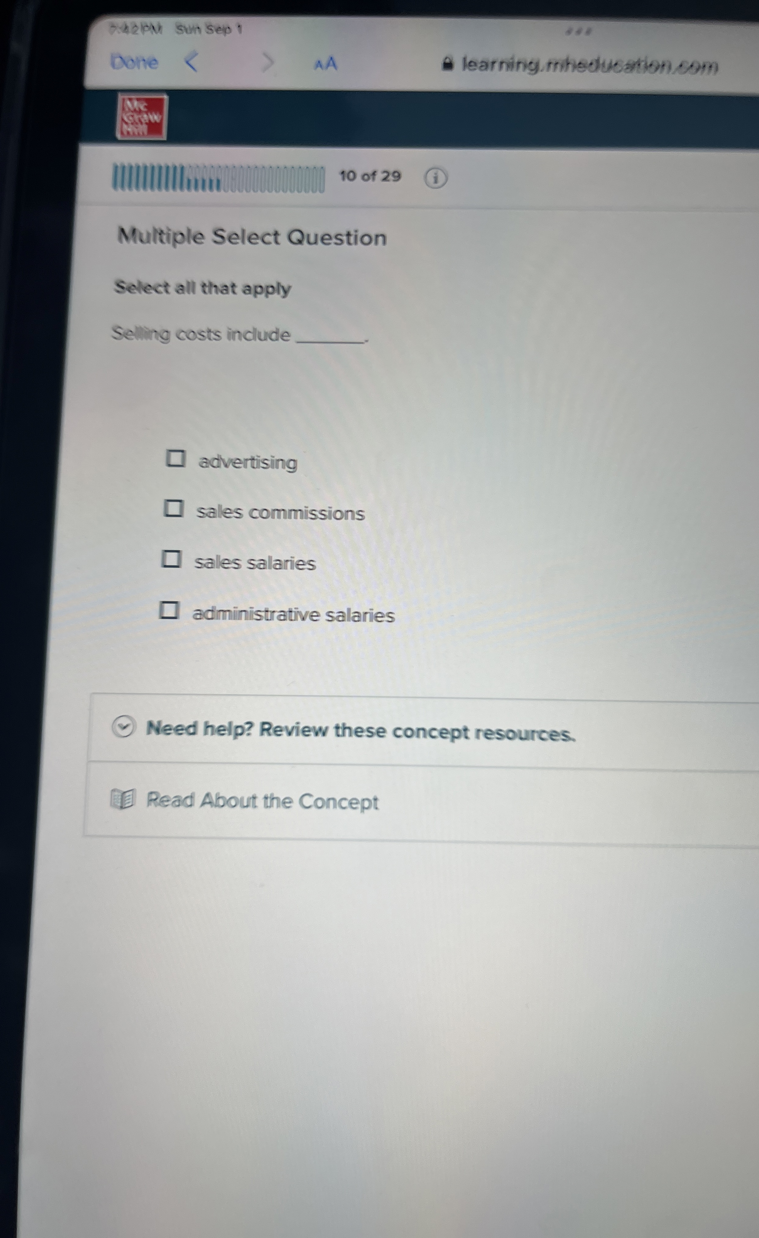  7.4elph sun sep I Done AA learning.mheducation sOm Me sitiw sin