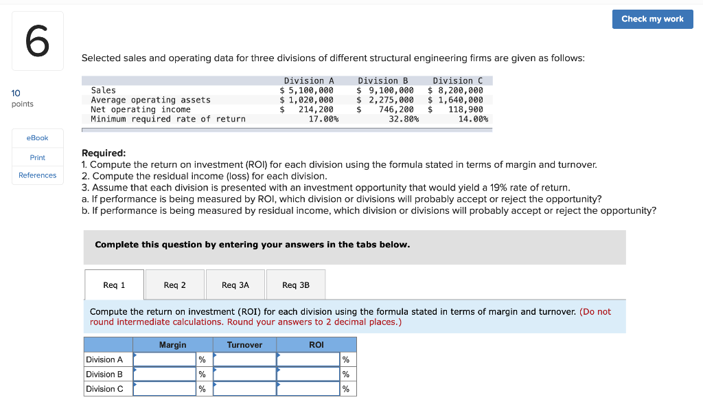  Check my work Selected sales and operating data for three divisions