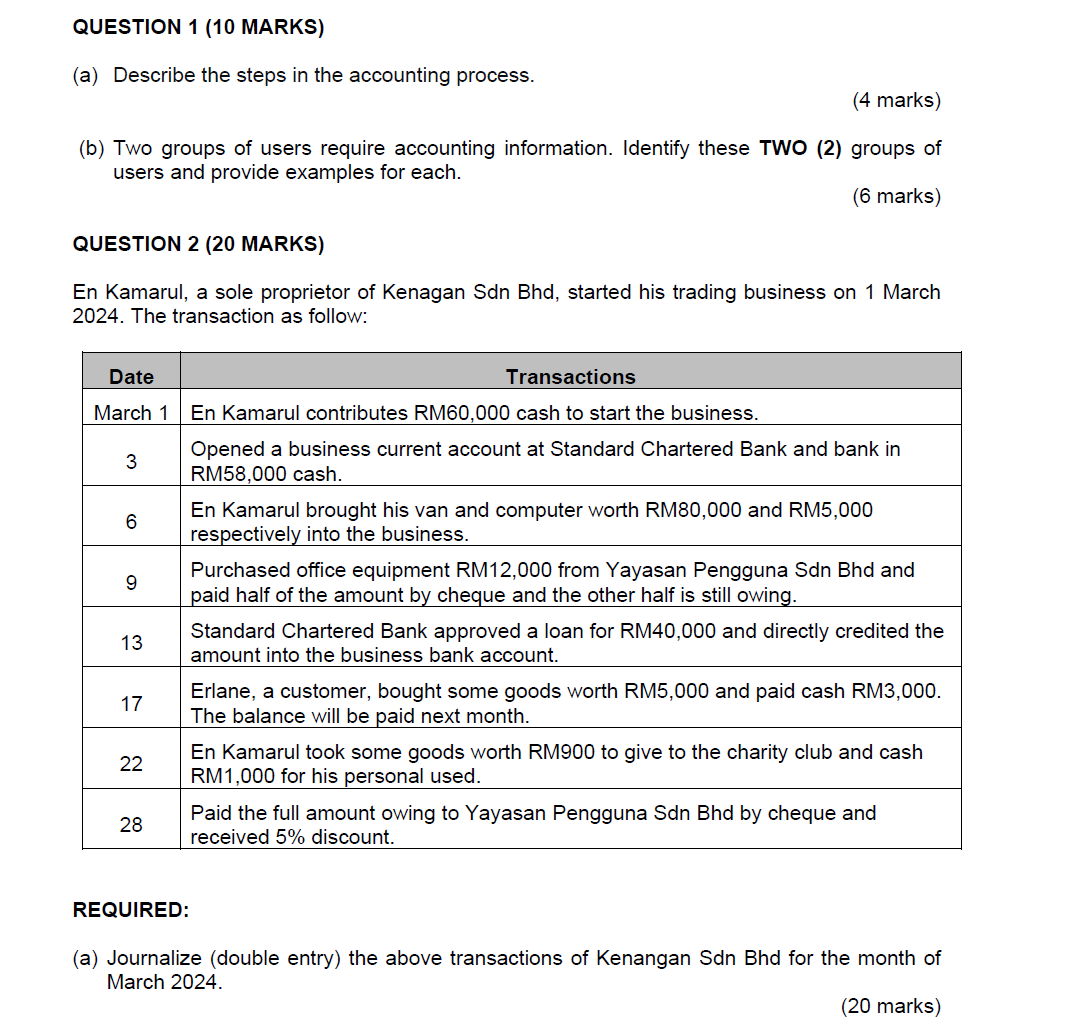  QUESTION 1(10 MARKS) (a) Describe the steps in the accounting process.