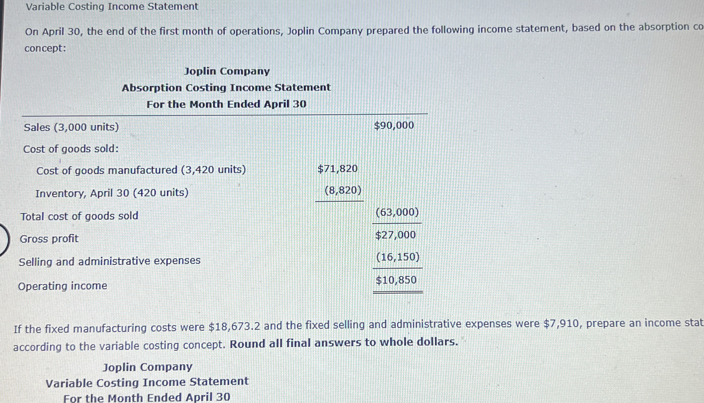  Variable Costing Income Statement On April 30, the end of the
