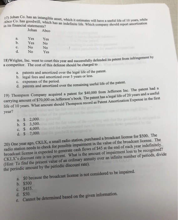  17) Johan Co. has an intangible asset, which it estimates wil