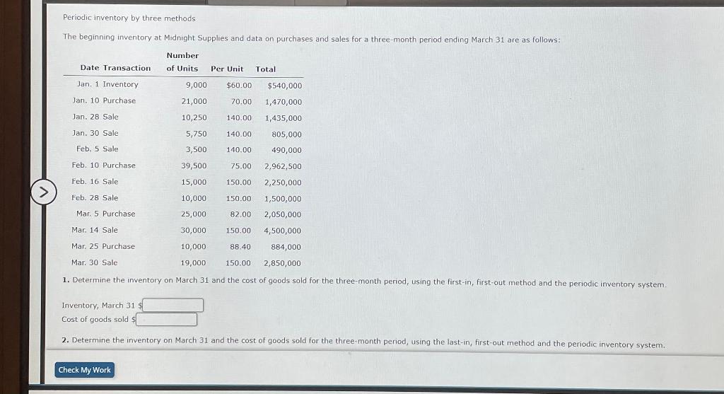  Periodic inventory by three methods The beginning inventory at Midnight Supplies