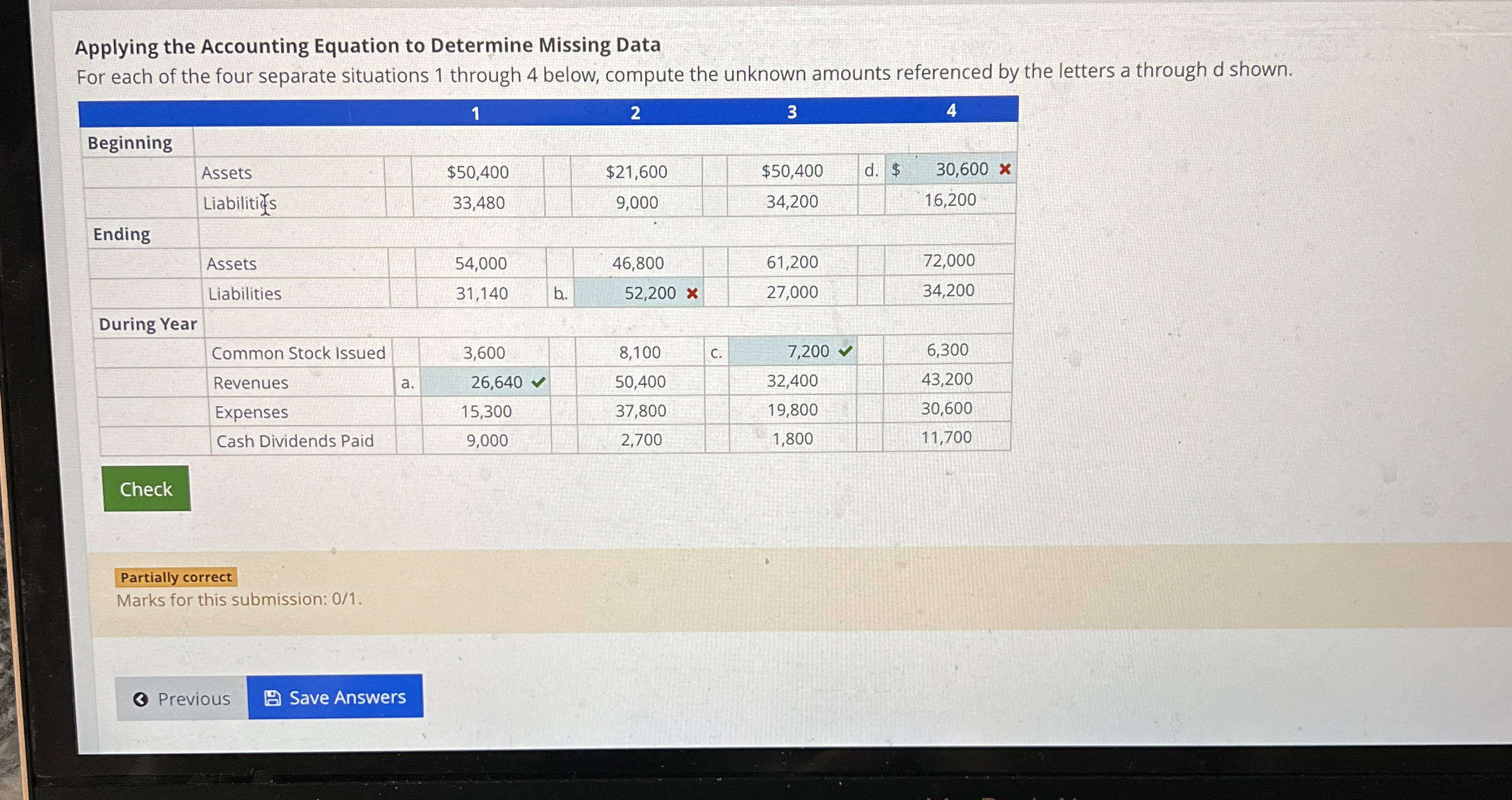  Applying the Accounting Equation to Determine Missing Data For each of
