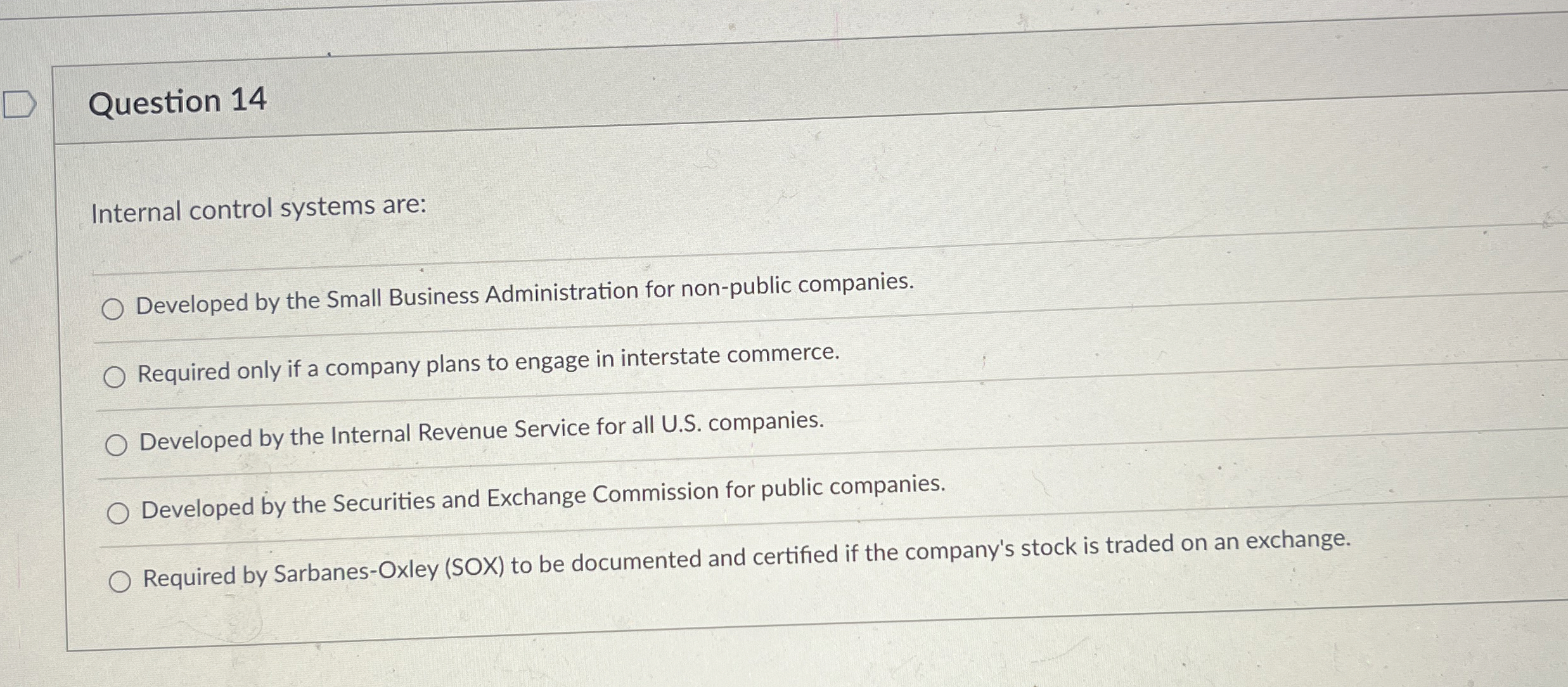  Question 14 Internal control systems are: Developed by the Small Business
