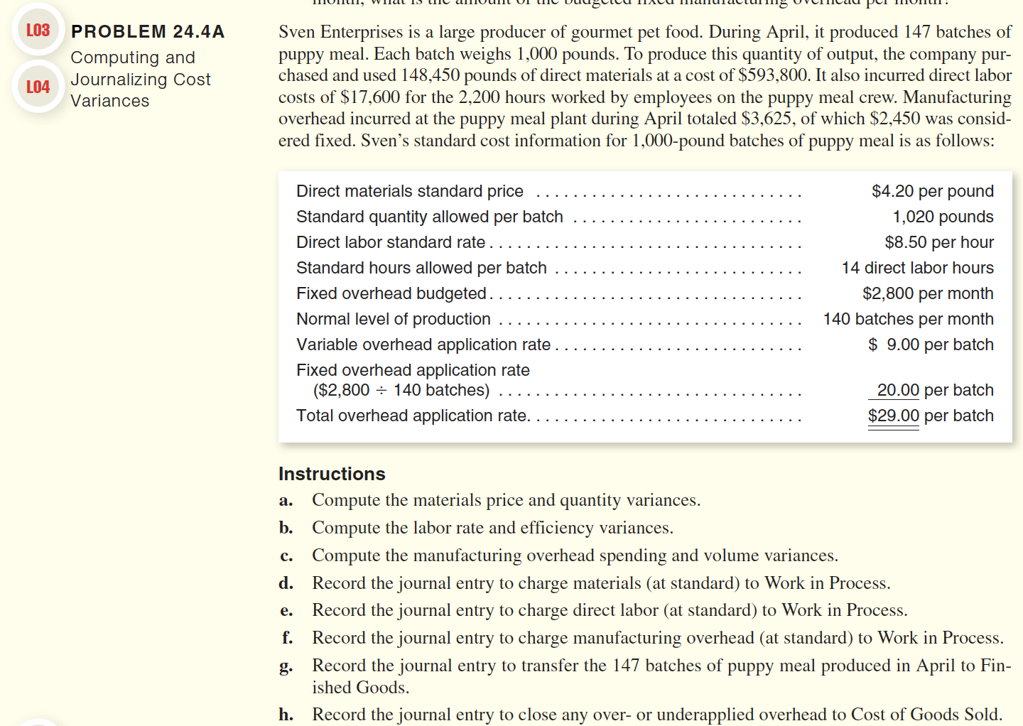 L03 PROBLEM 24.4A Computing and 104 Journalizing Cost Variances Sven Enterprises
