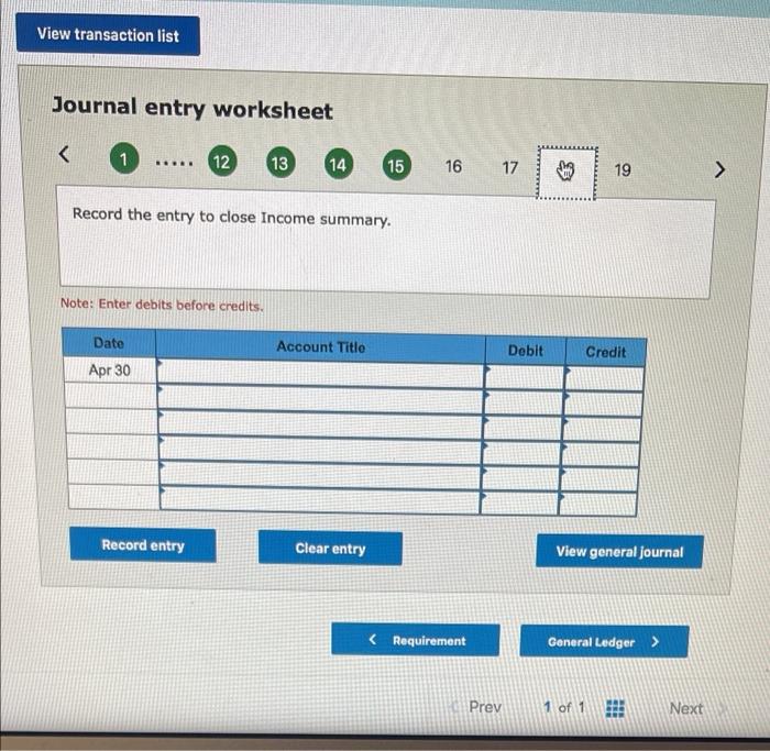 entry, if any. Note: Enter debits before credits. Date Debit Credit Apr