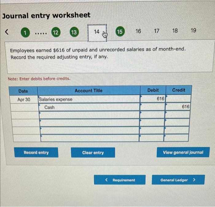 Credit Apr 30 Record entry Clear entry View general Journal Prev Wext