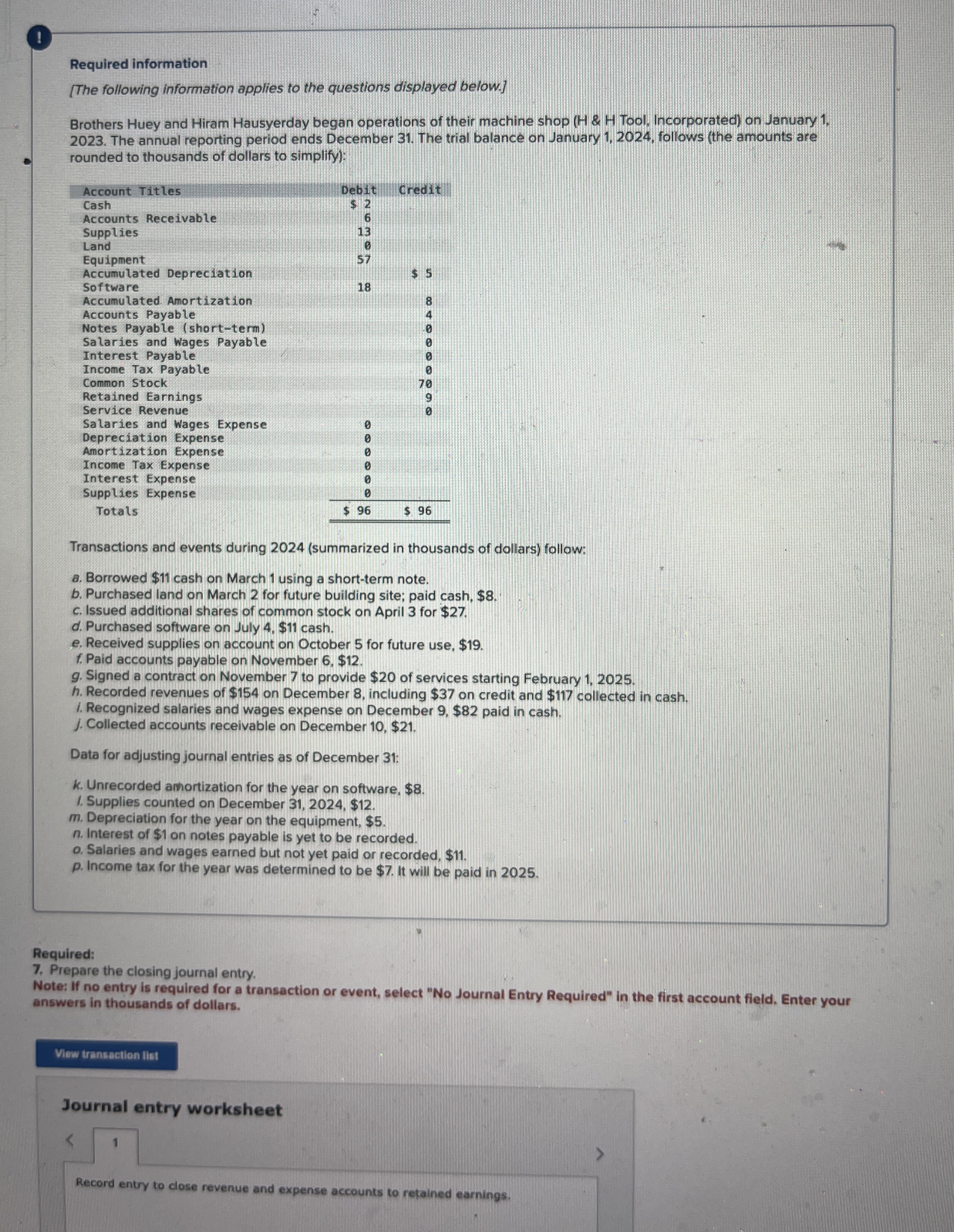  Prepare a closing entry for the information in this problem. 