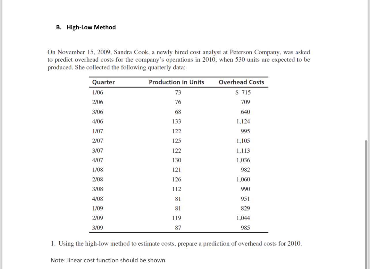  B. High-Low Method On November 15,2009, Sandra Cook, a newly hired