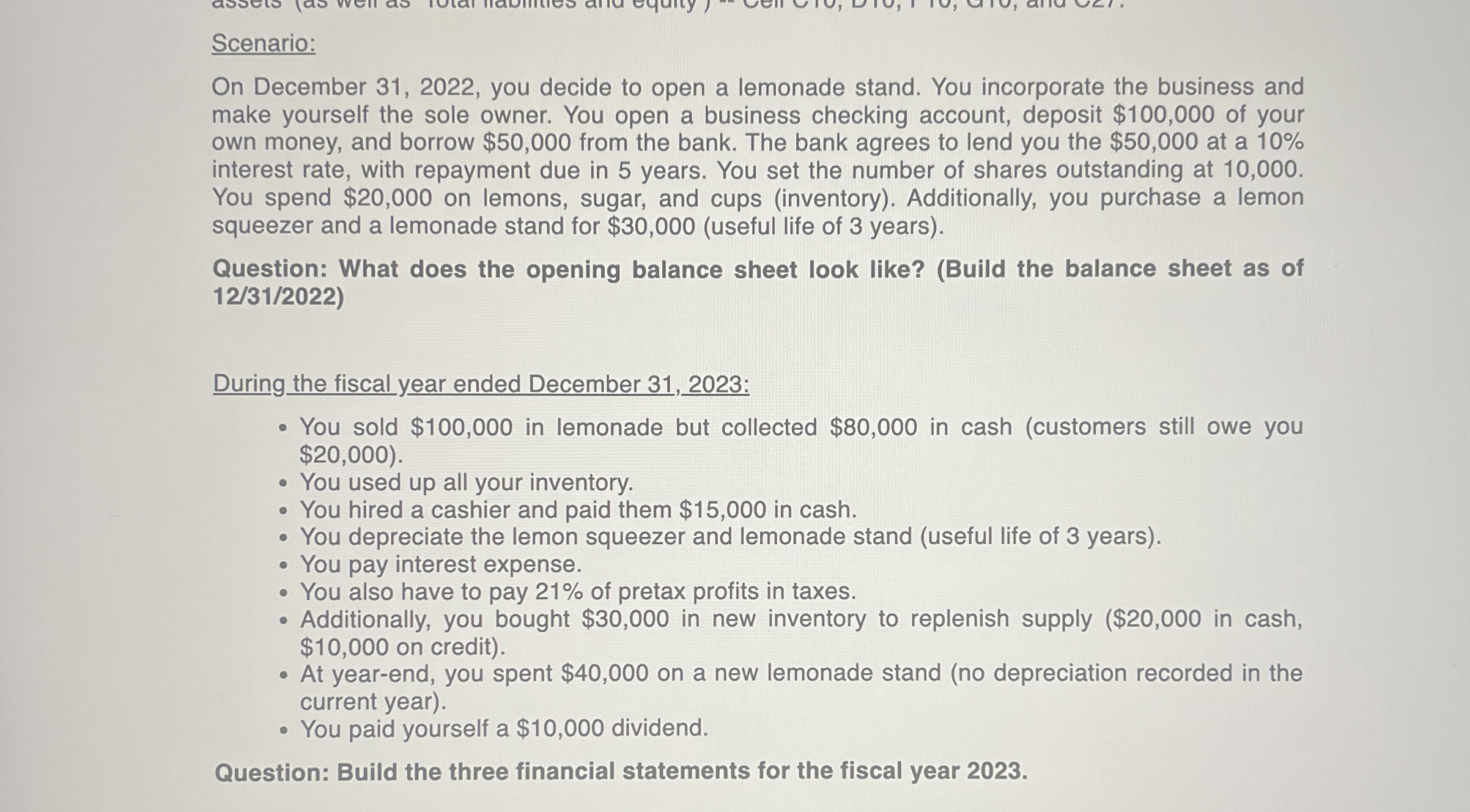  Scenario: On December 31,2022, you decide to open a lemonade stand.