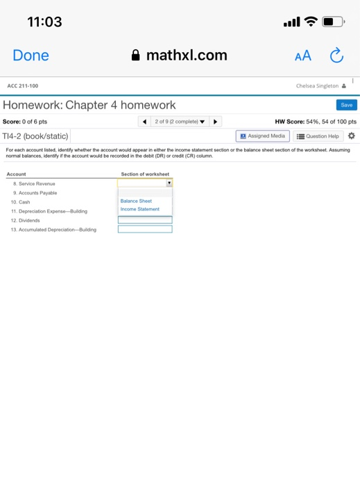  11:03 . .. AA Done mathxl.com ACC 211-100 Chelsea Singleton Save