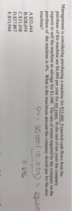  Management is considering purchasing a machine for $35,000. Expected cash flows