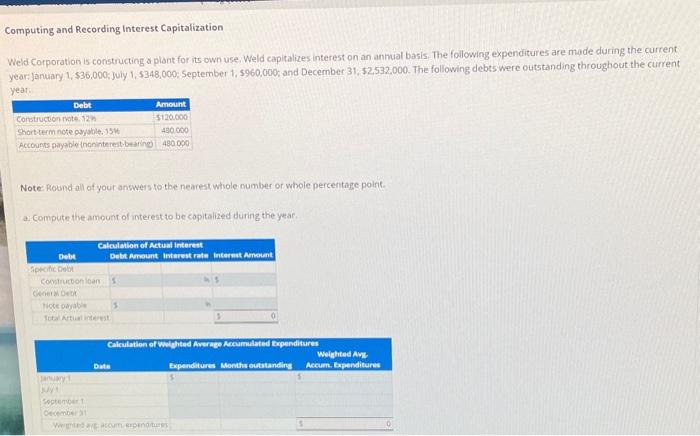  Computing and Recording Interest Capitalization Weld Corporation is constructing a plant