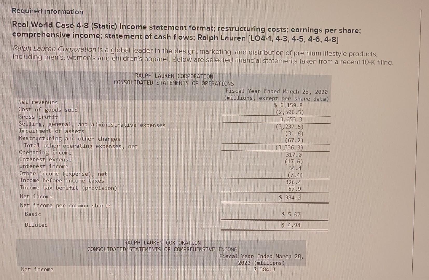 Required information Real World Case 4-8 (Static) Income statement format; restructuring
