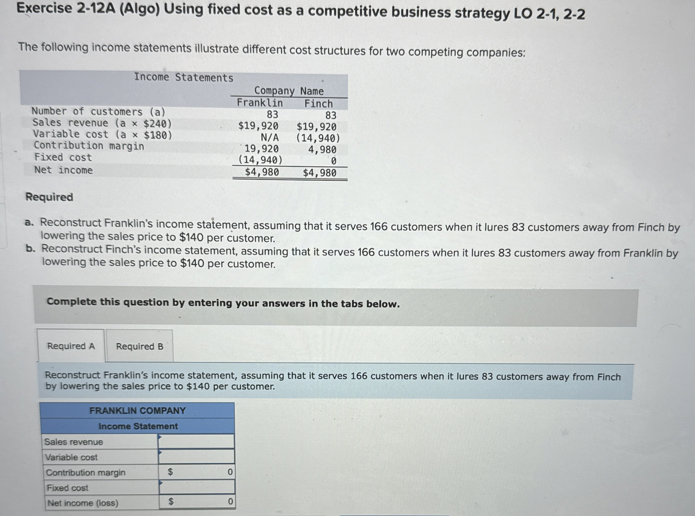  Exercise 2-12A (Algo) Using fixed cost as a competitive business strategy
