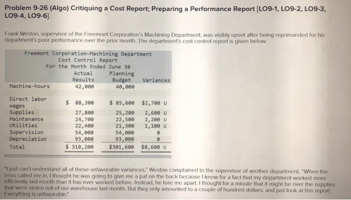  Problem 9-26 (Algo) Critiquing a Cost Report; Preparing a Performance Report
