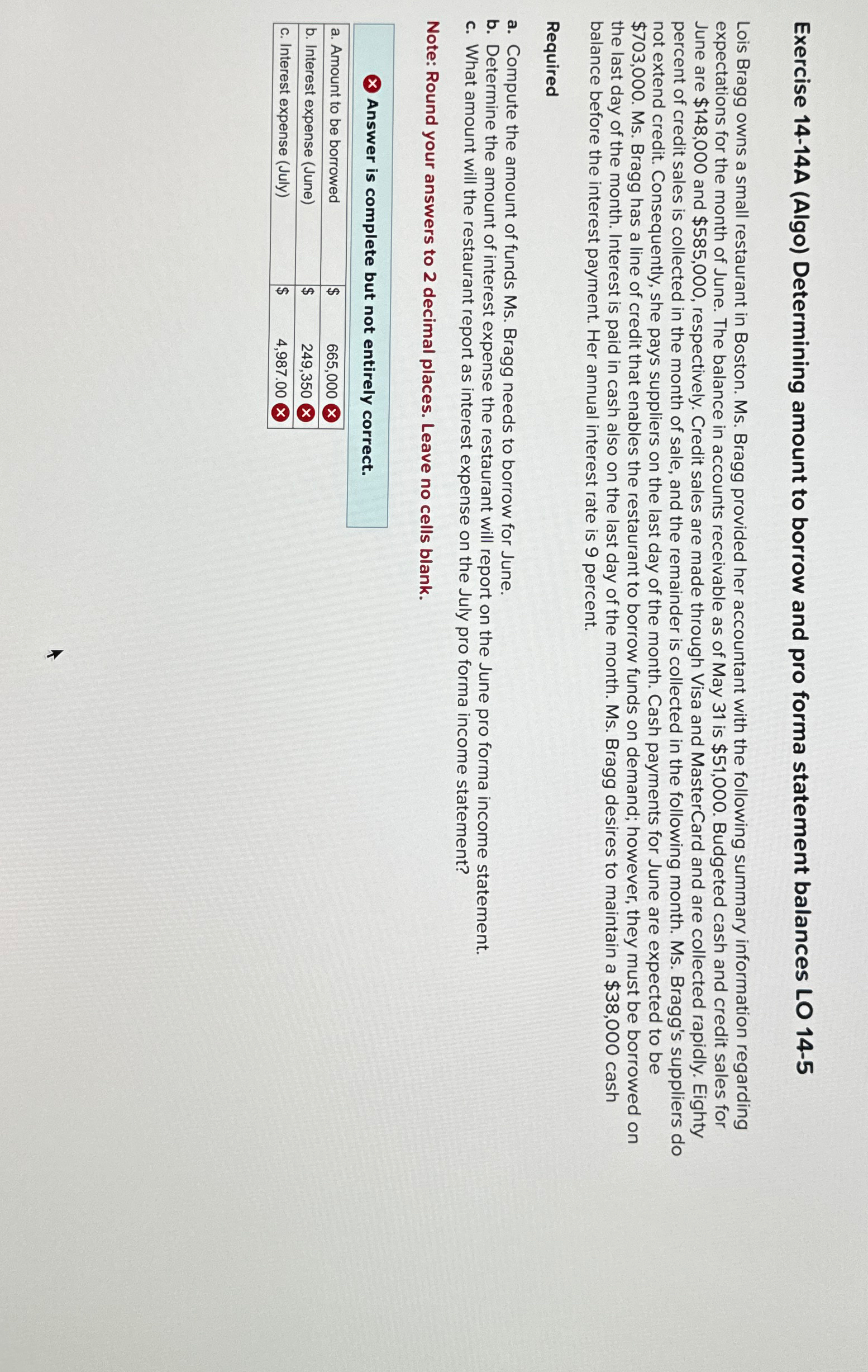  Exercise 14-14A (Algo) Determining amount to borrow and pro forma statement