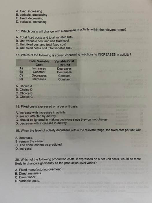  please help. will thumbs up A. fixed, increasing B. variable, decreasing