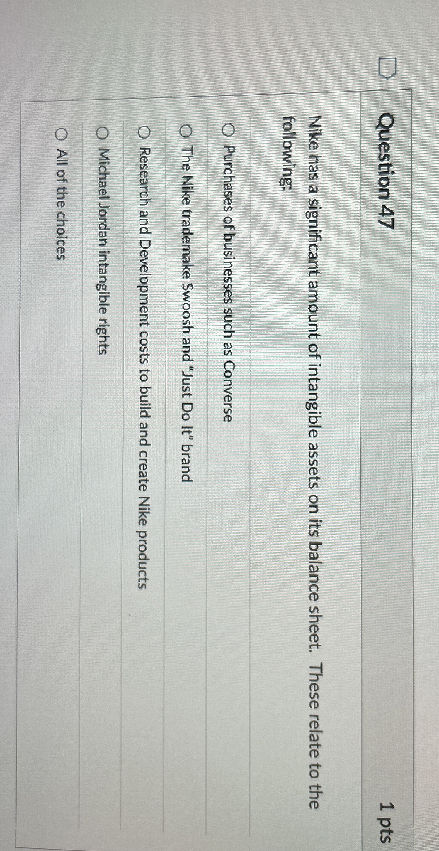  Question 47 1 pts Nike has a significant amount of intangible