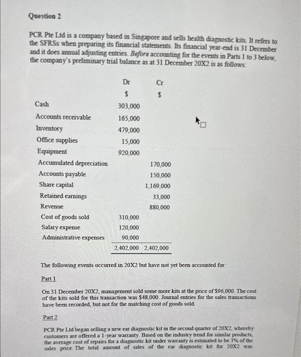 please answer the full question PCR Pte Ltd is a company based