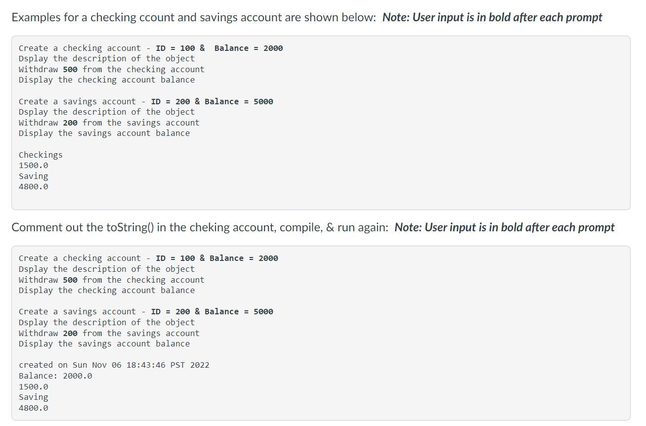 create CheckingAccount and SavingsAccount classess as subclasses of the Account class -