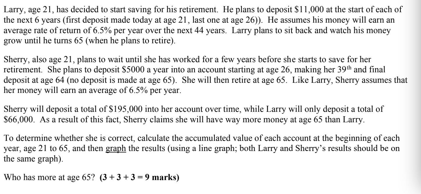 Use Excel please! Larry, age 21, has decided to start saving for