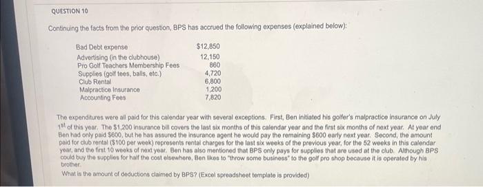 facts from the prior question, BPS has accrued the following expenses (explained
