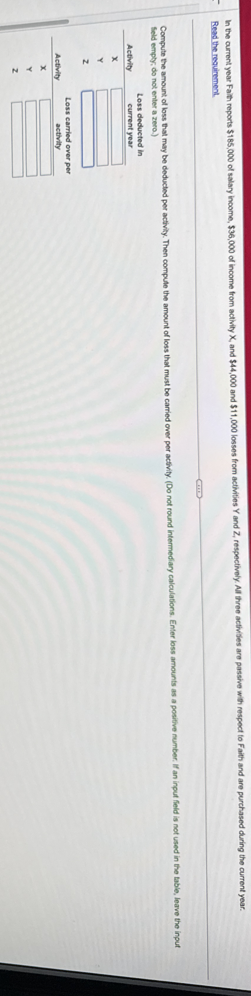  Read the requirement. field empty; do not enter a zero.) \table[[Activity,\table[[Loss