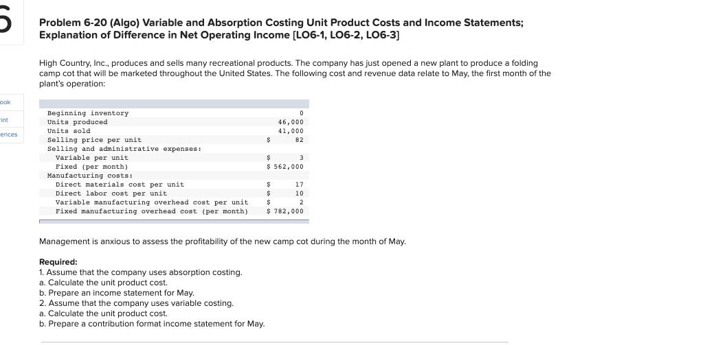  Problem 6-20 (Algo) Variable and Absorption Costing Unit Product Costs and