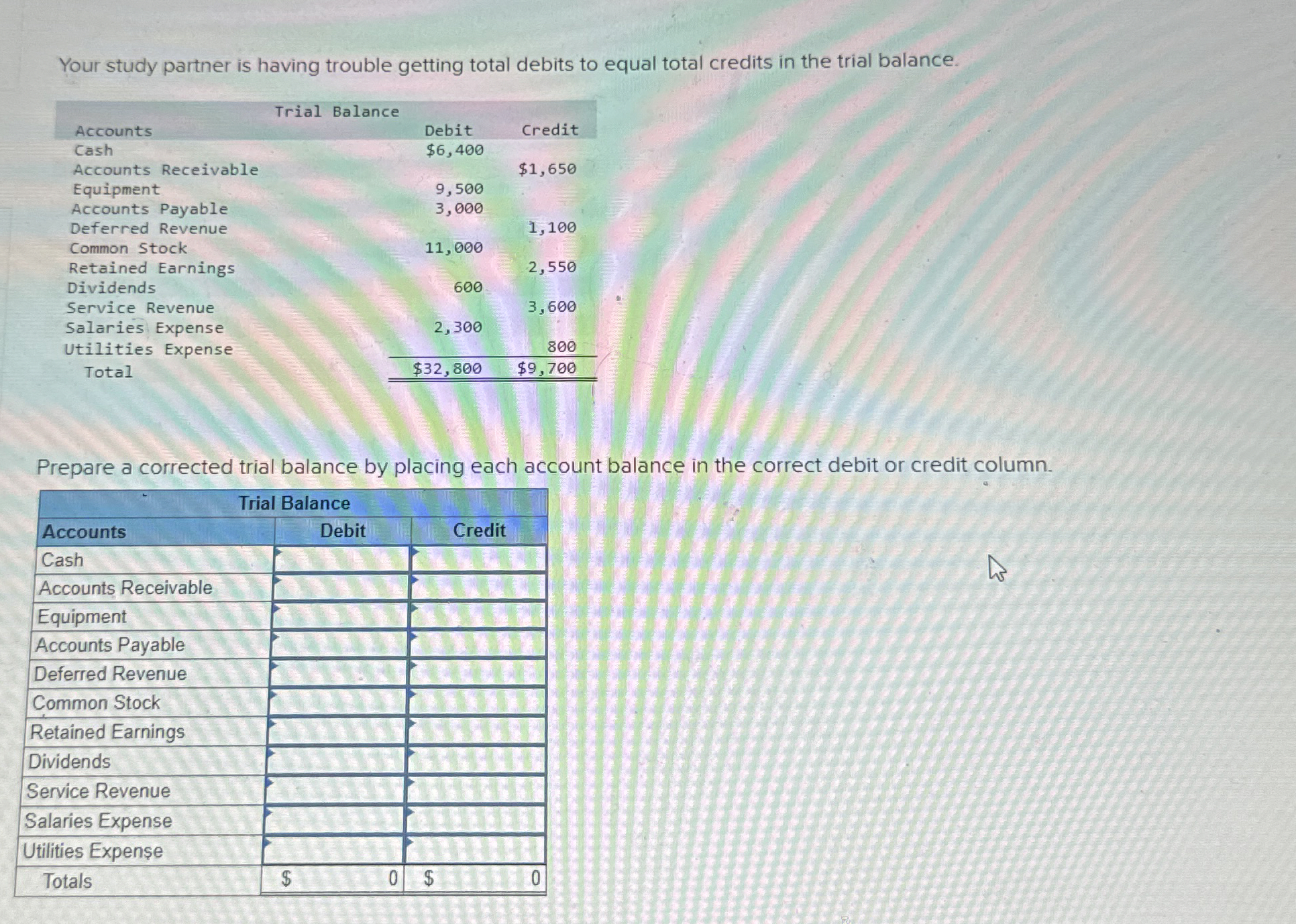  Your study partner is having trouble getting total debits to equal
